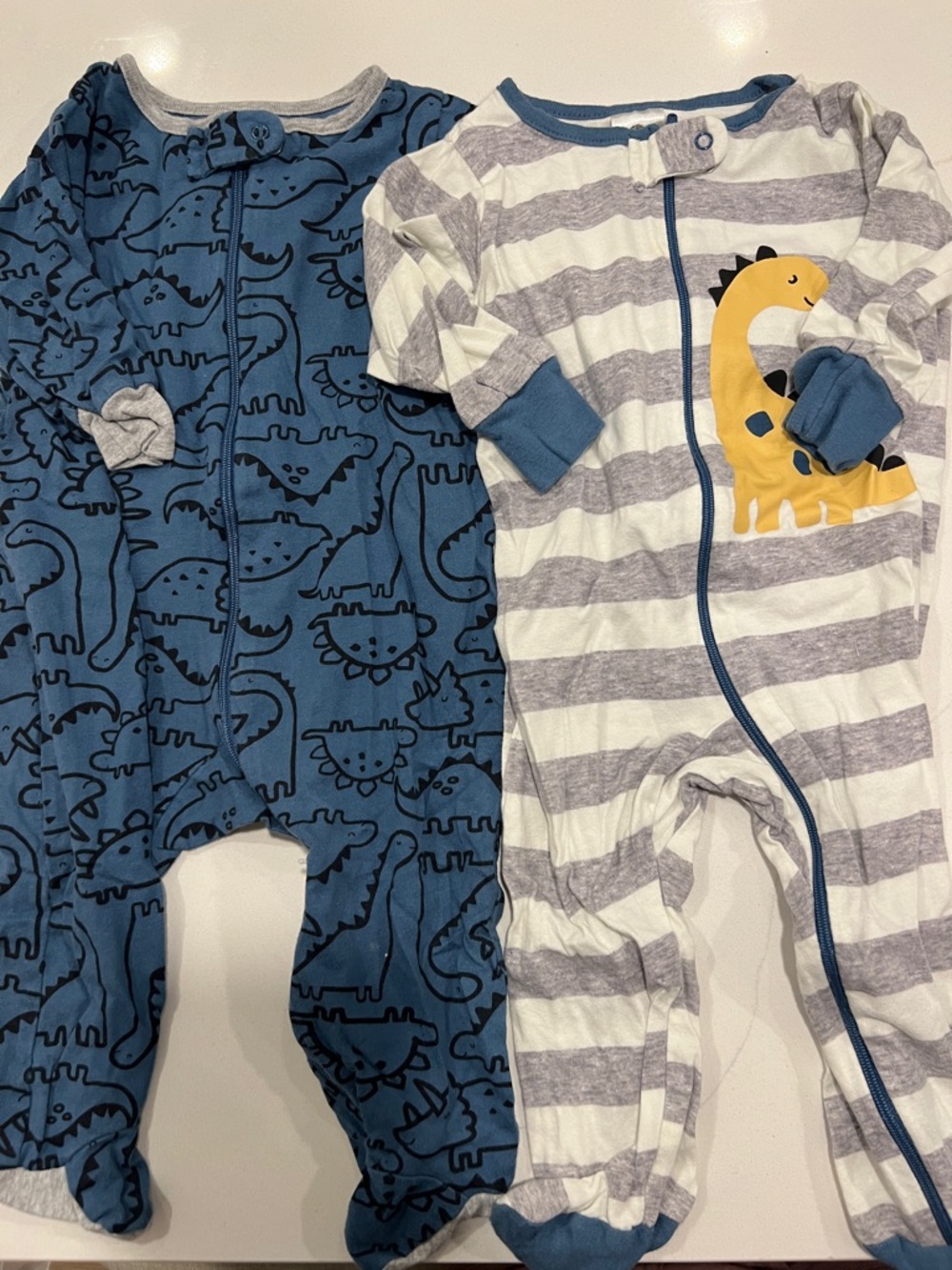 Bundle - Baby Dino Zip Footed One-Piece Sleepers - Blue & White/Gray Stripe